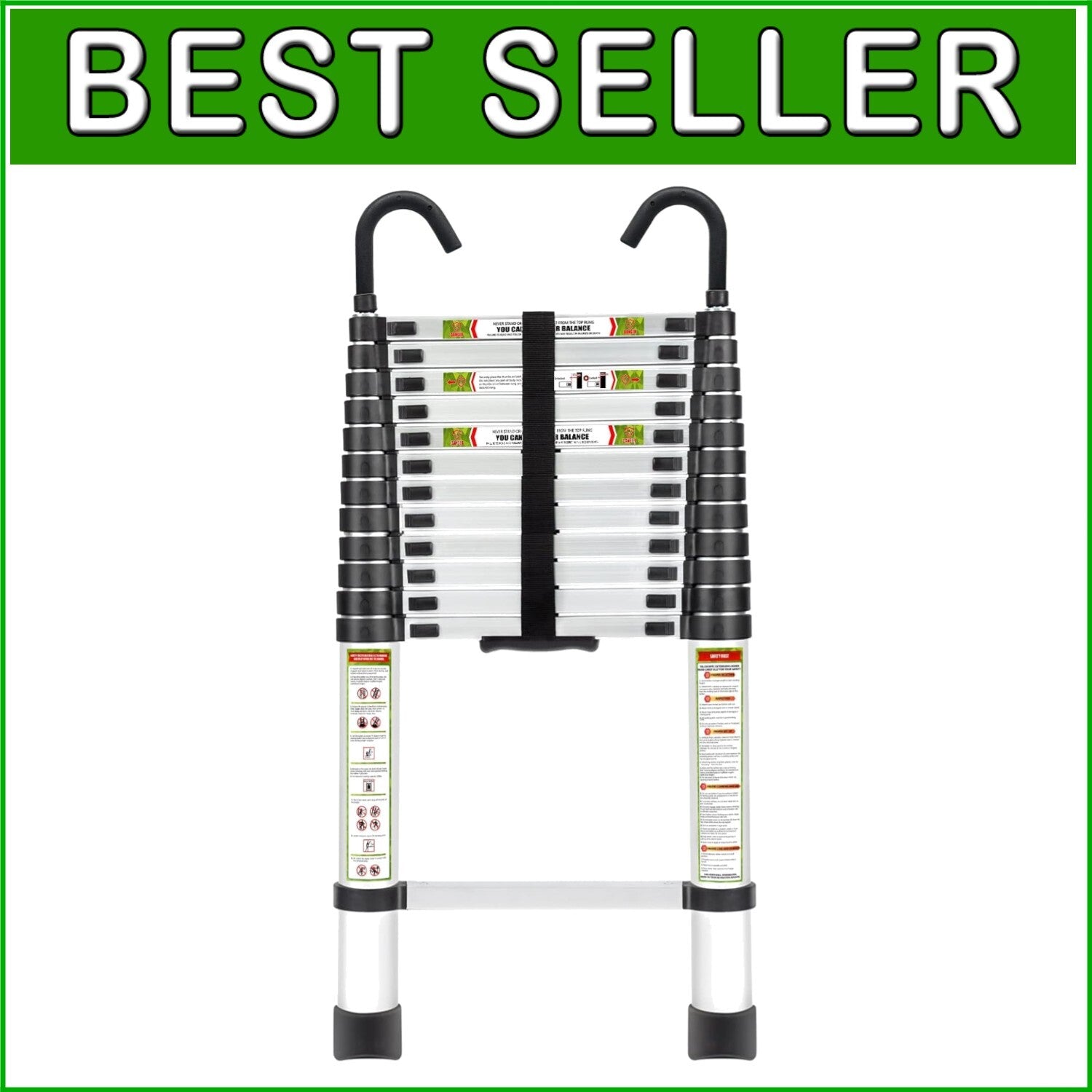 16.5FT Telescopic Aluminum Ladder with Double Hooks & Non-Slip Feet, 330lb Cap