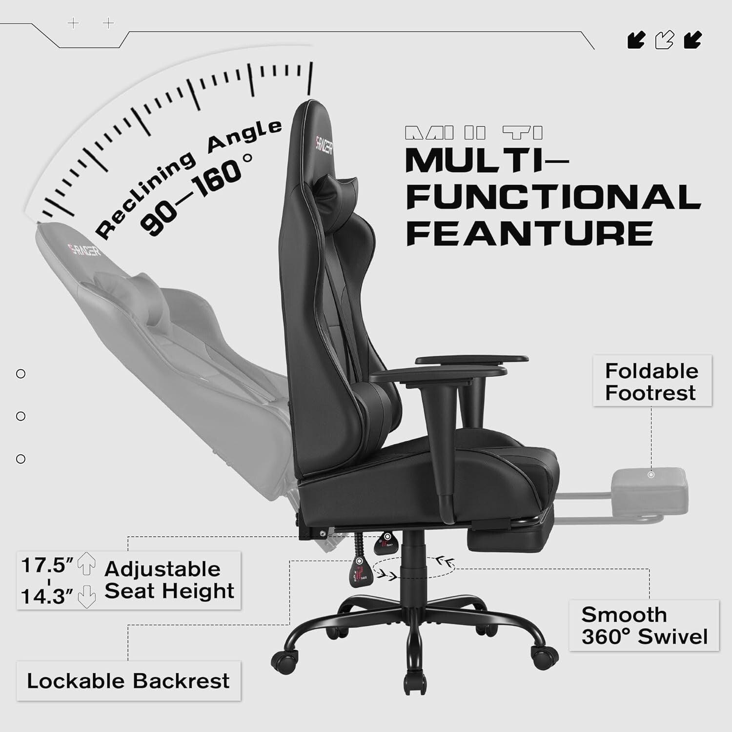 Adjustable Height Gaming Chair with Footrest & 360-Degree Swivel - Modern Black