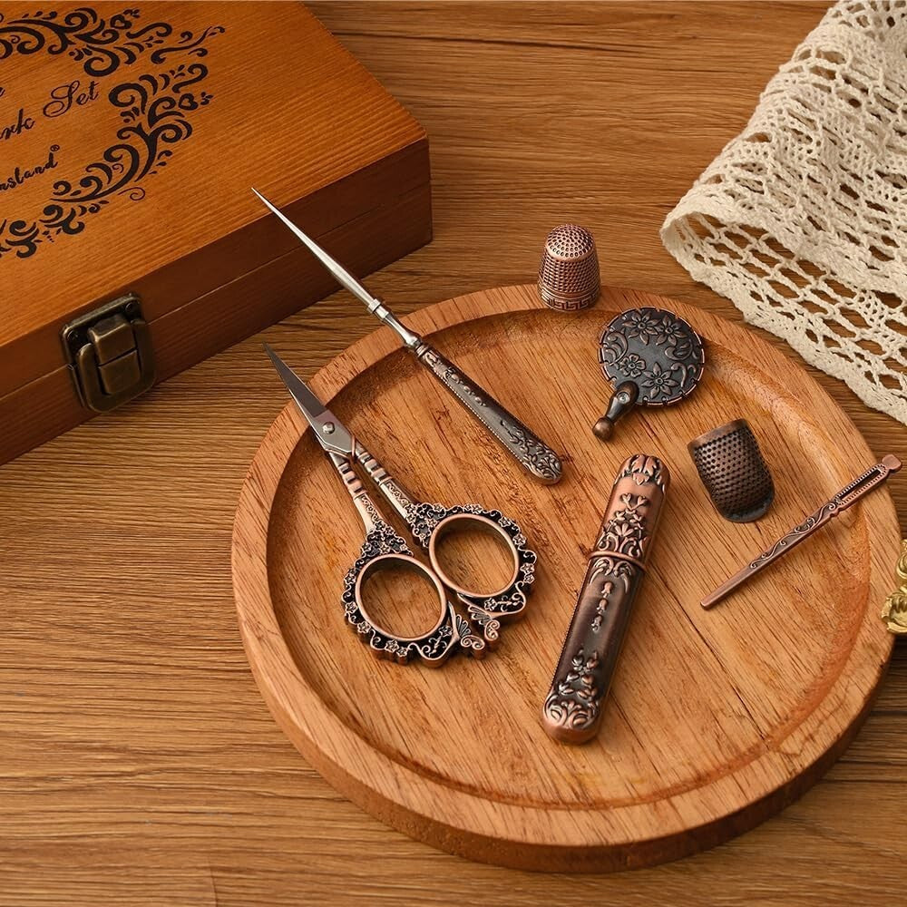 European Style Sewing Tools Set - Antique Scissors & Accessories in Wood Box