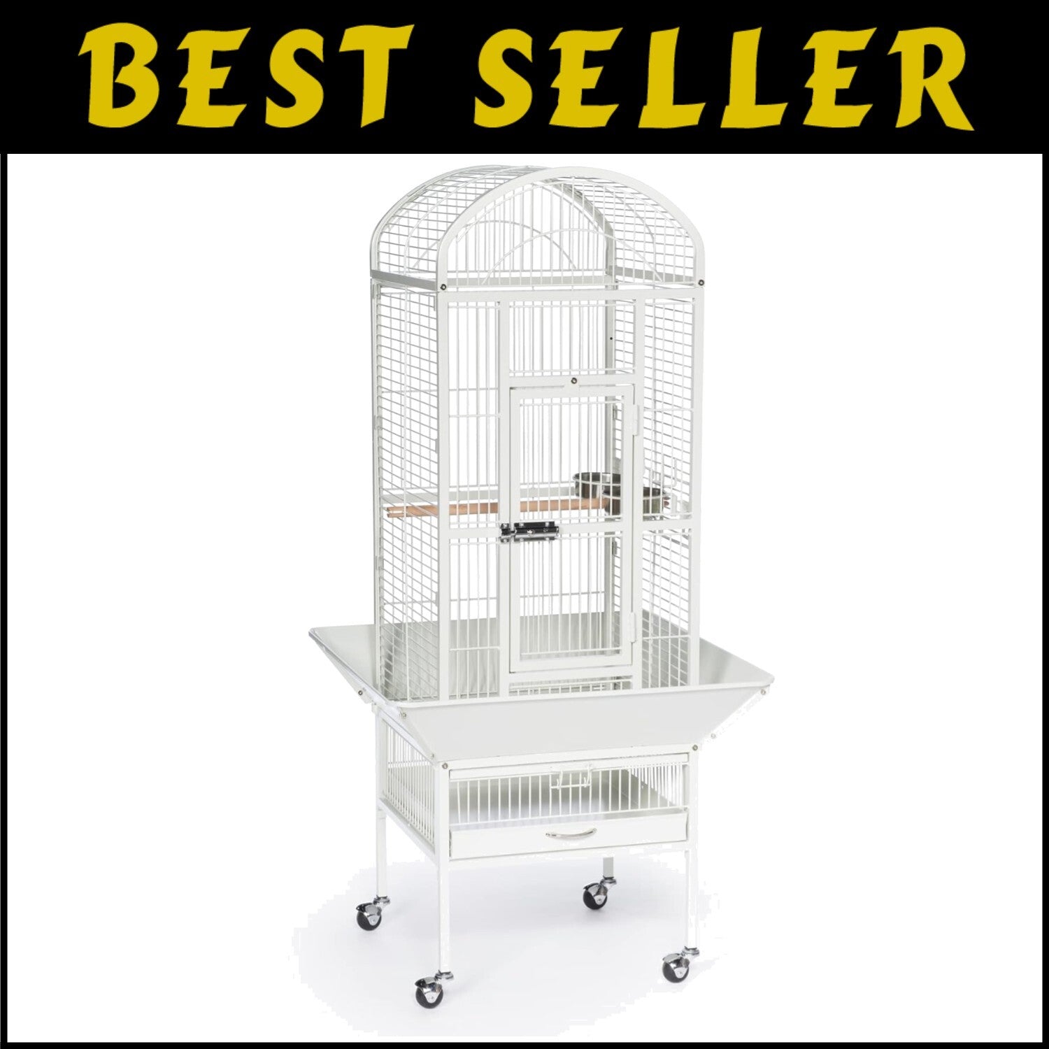 Chalk White Wrought Iron Bird Cage with Rounded Seed Guards and Rolling Stand