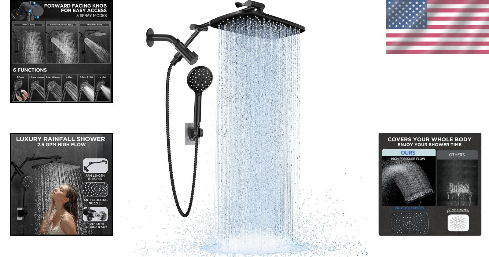 Rainfall Showerhead with Adjustable Height & Anti-Clog Nozzles - Modern Design