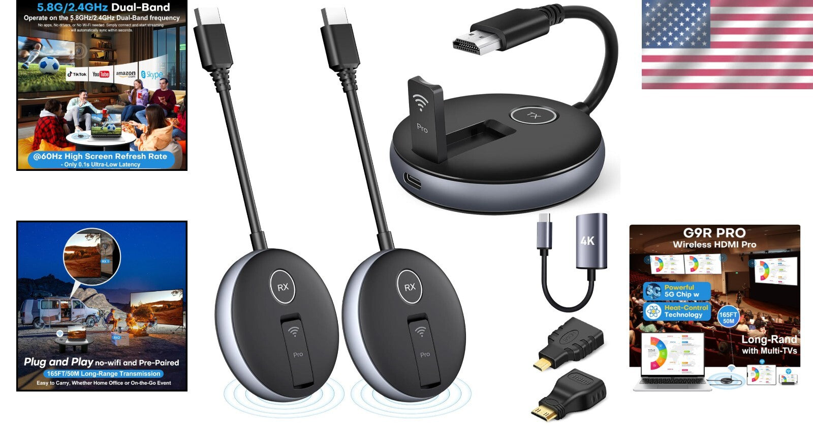 Advanced Wireless HDMI Setup with 1TX, 2RX, USB-C Adapter, 60Hz Streaming