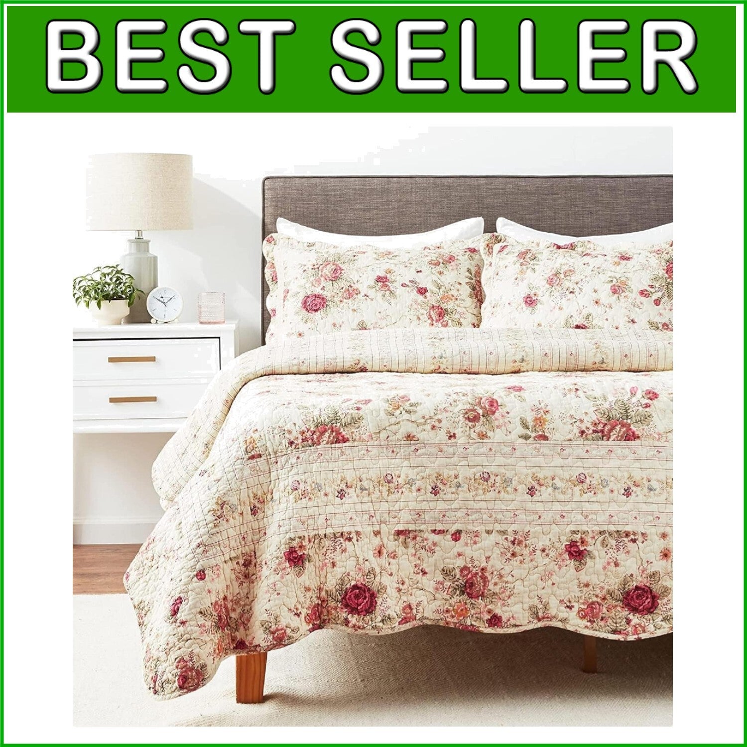 Authentic Patchwork Antique Rose Quilt Set in Ecru for Stylish Full/Queen Beds