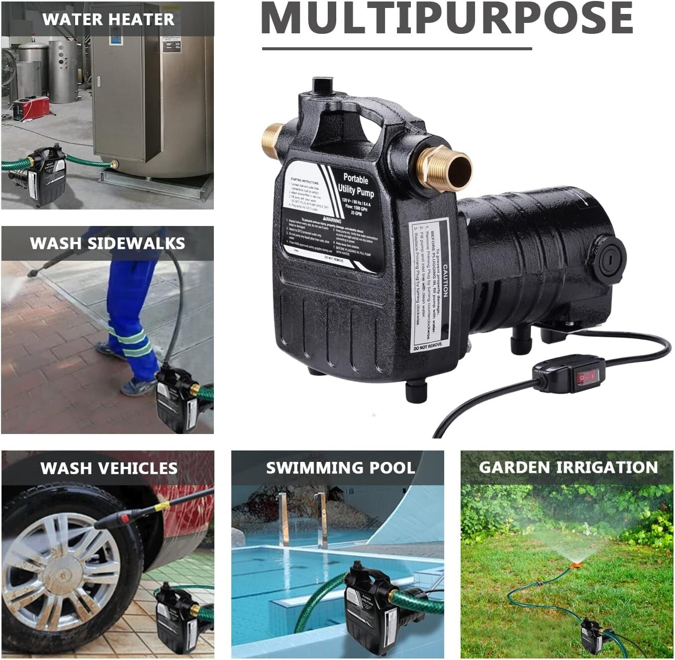 Portable 115V Utility Pump with ON/OFF Switch and Brass Connectors, 120ft Lift