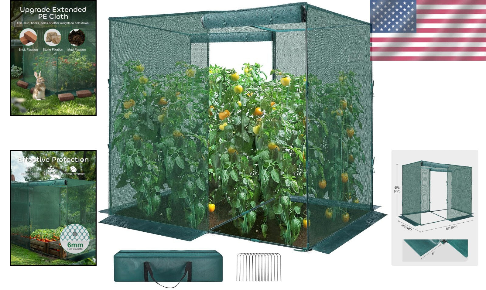 4' x 8' Outdoor Plant Protection Cage with Zippered Access and Ground Staples