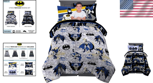 5 Piece Batman Microfiber Twin Bedding Set - Cozy Sheets and Comforter for Kids