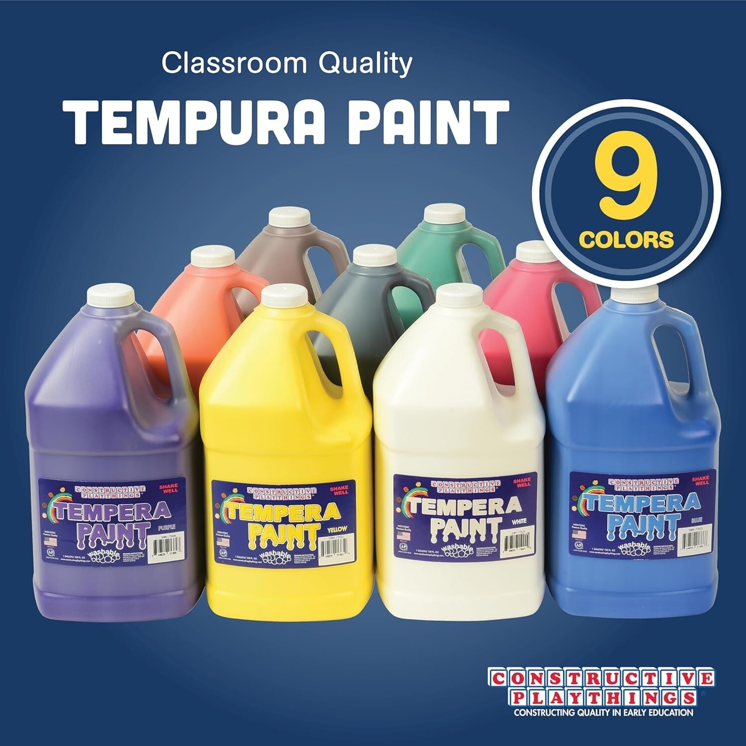 Washable Tempera Paint Set: Non-Toxic Kid's Paint, 9 Pack, 1 Gallon, Multicolor