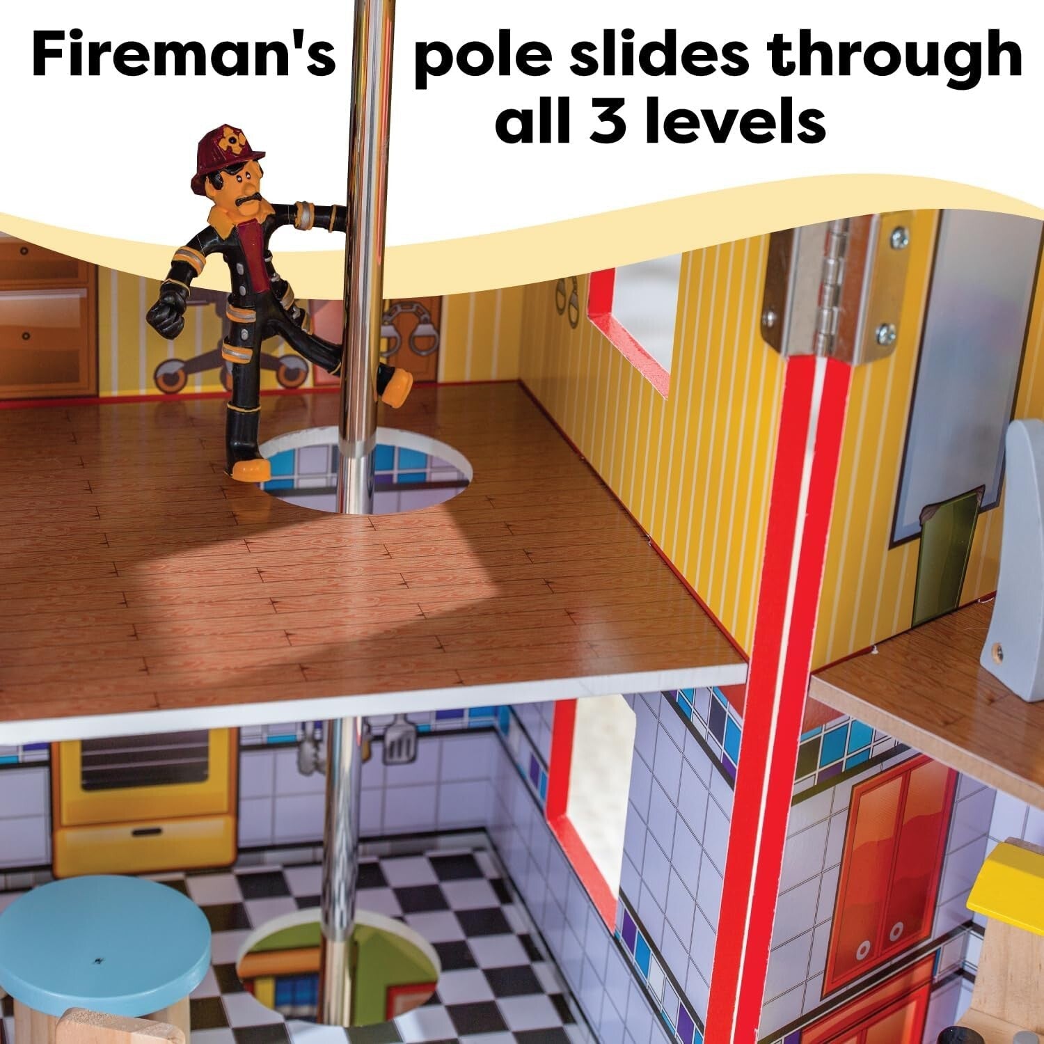 Everyday Heroes 3-Level Wooden Playset with Foldable Design & Firefighter's Pole