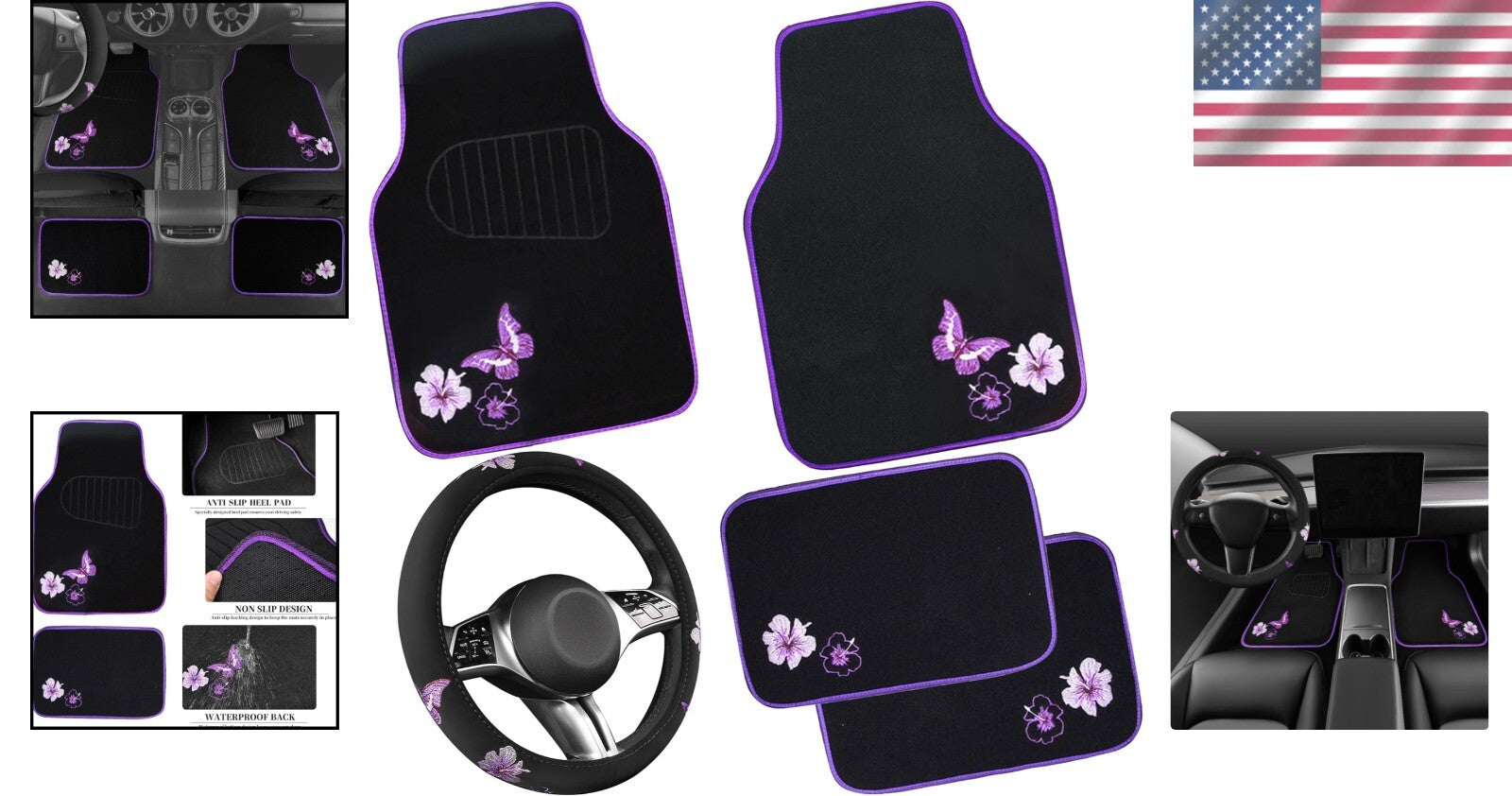 Elegant Purple Car Mats and Butterfly Steering Wheel Set - Easy Installation