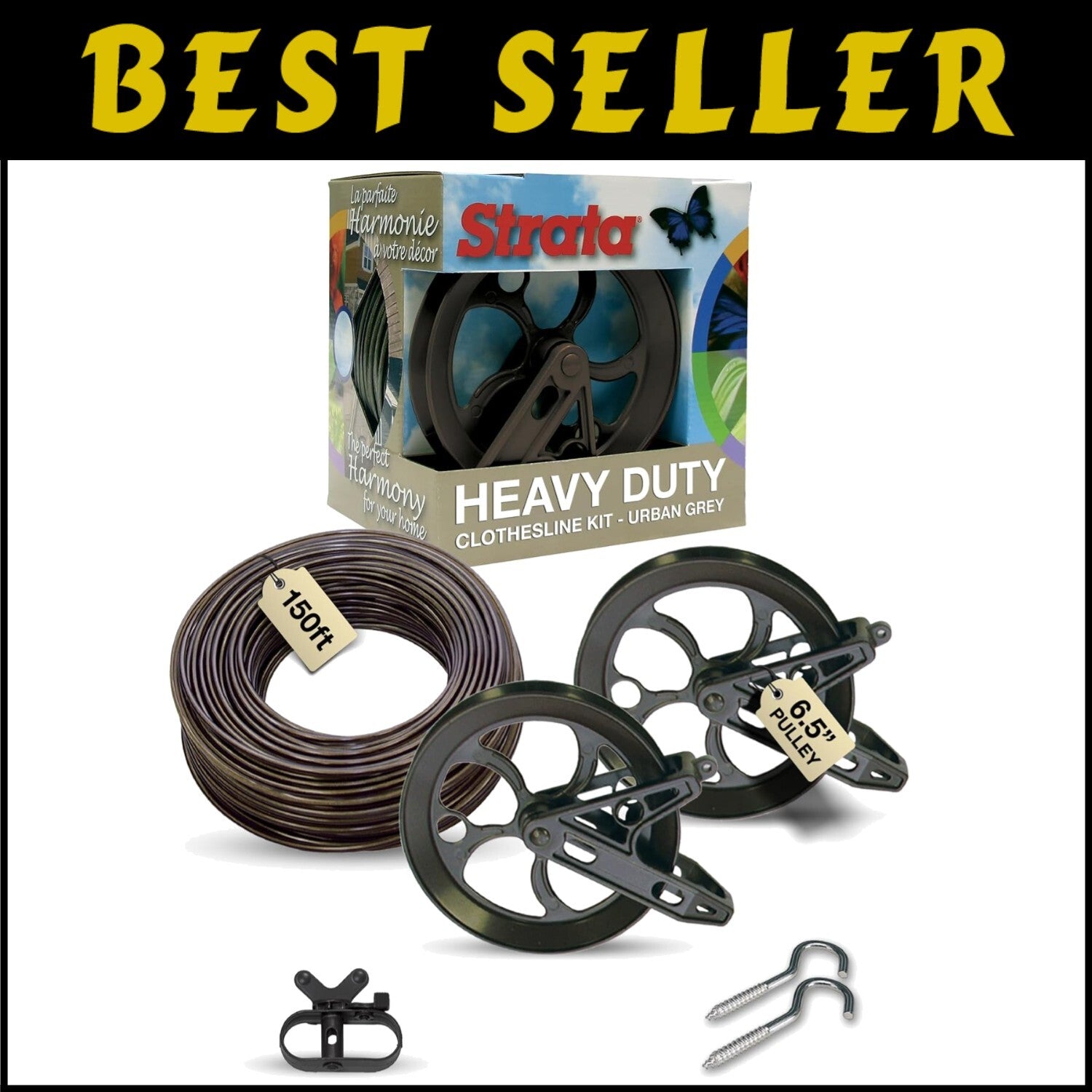 150ft Aged Bronze Heavy-Duty Clothesline with Rust-Resistant Pulleys & Hooks