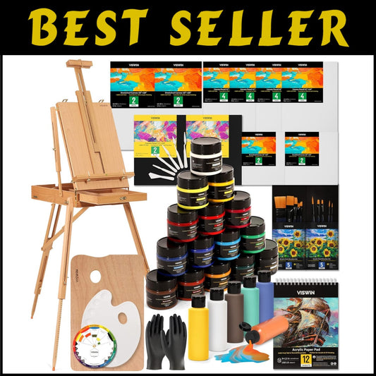 All-In-One French Easel Painting Kit - 15 Acrylics, Brushes, and Canvas Included