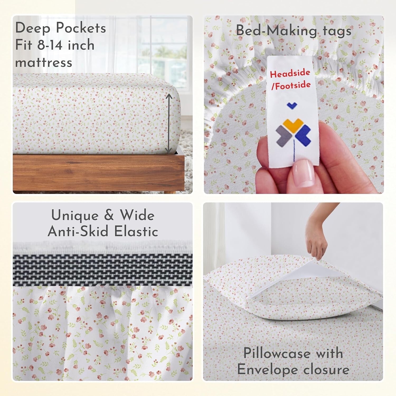 100% Organic Cotton Percale Twin Sheet Set - Floral Print, Deep Pocket Design