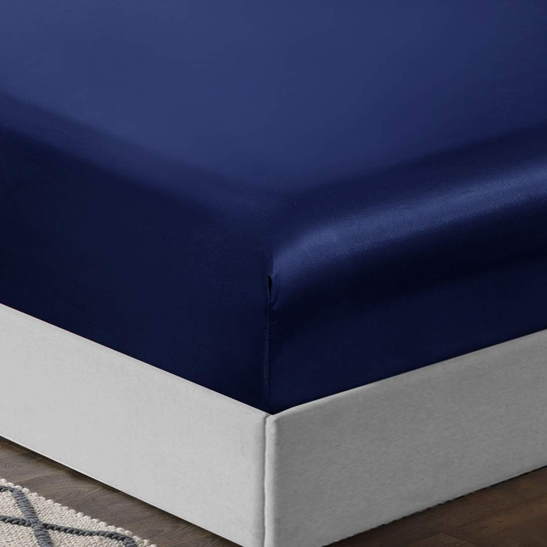 6-Piece Navy Blue King Size Satin Sheet Set - Deep Pocket & Luxurious Comfort
