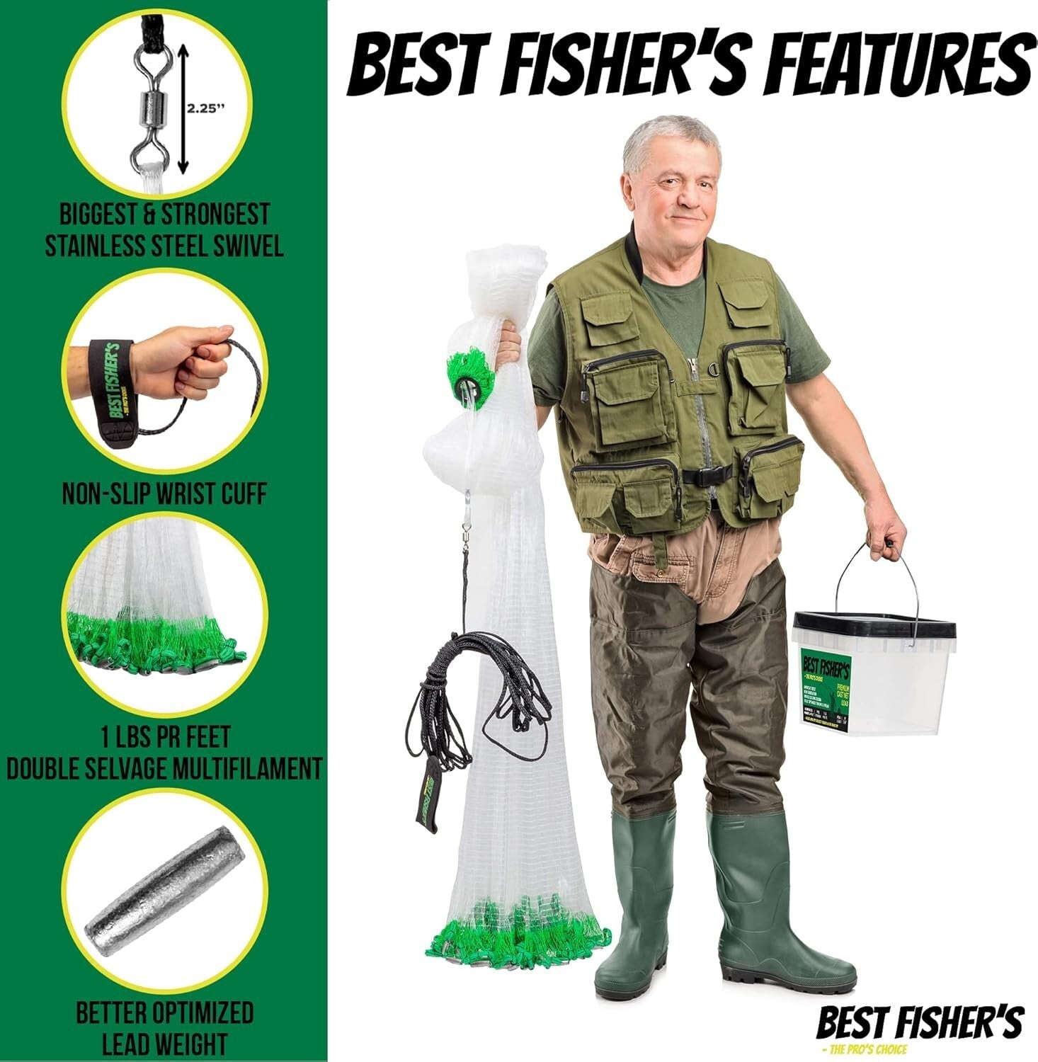 All-in-One Fishing Cast Net with Repair Kit - Sizes from 4ft to 12ft Available