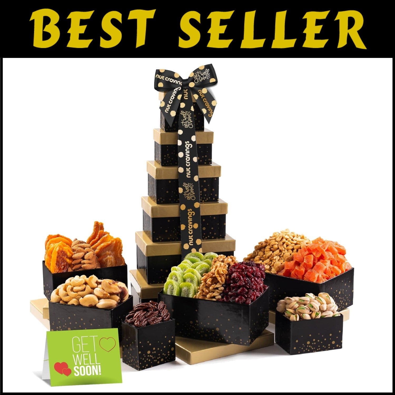 Elegant 12-Variety Snack Tower Gift Basket with Get Well Soon Ribbon - Kosher