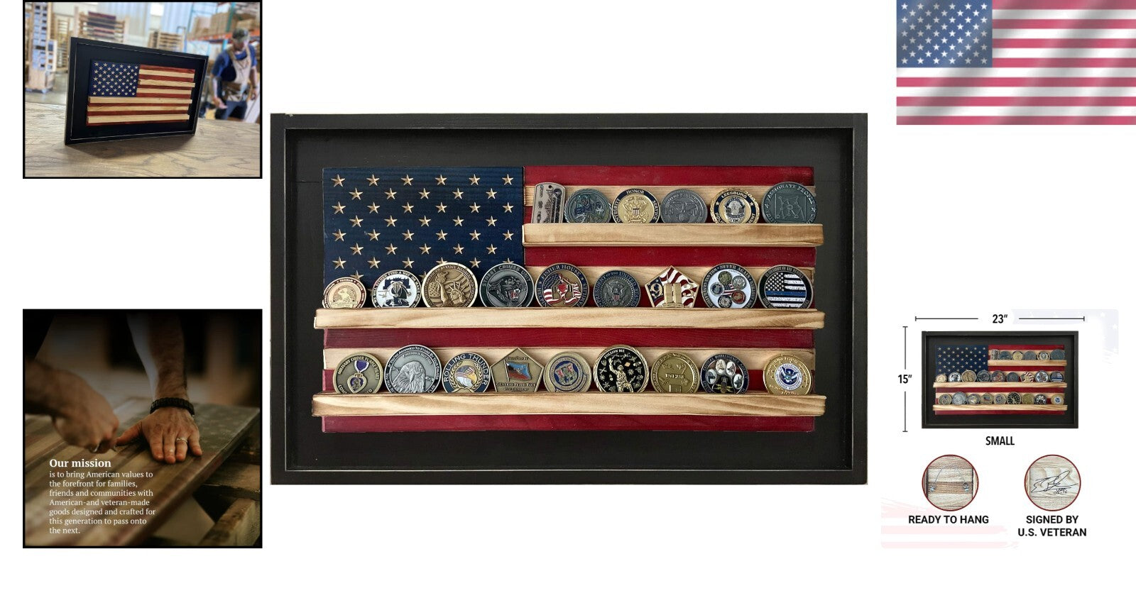 Rustic American Flag Coin Display - Holds 25 Military Coins, 15.25" H x 23.5" W