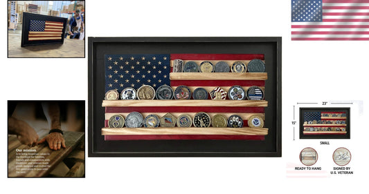 Rustic American Flag Coin Display - Holds 25 Military Coins, 15.25" H x 23.5" W