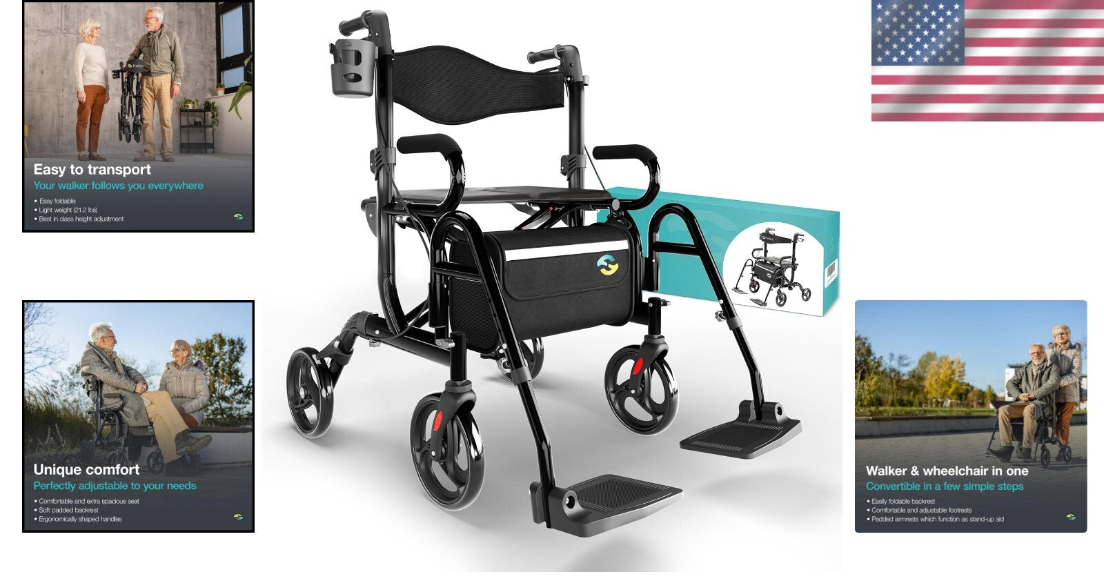 Lightweight Aluminum Rollator - Convertible Walker to Transport Chair, 300 lbs