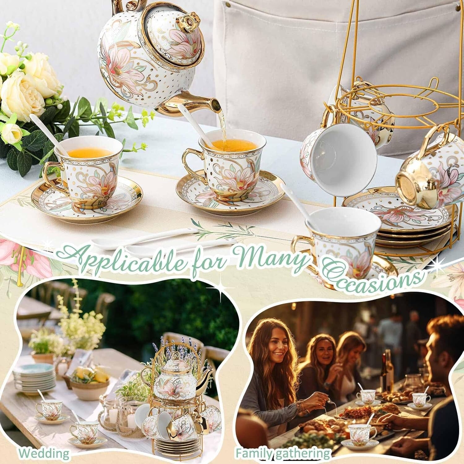 Exquisite Ceramic Tea Set - 20 Pcs with Gold Accents for Elegant Gatherings
