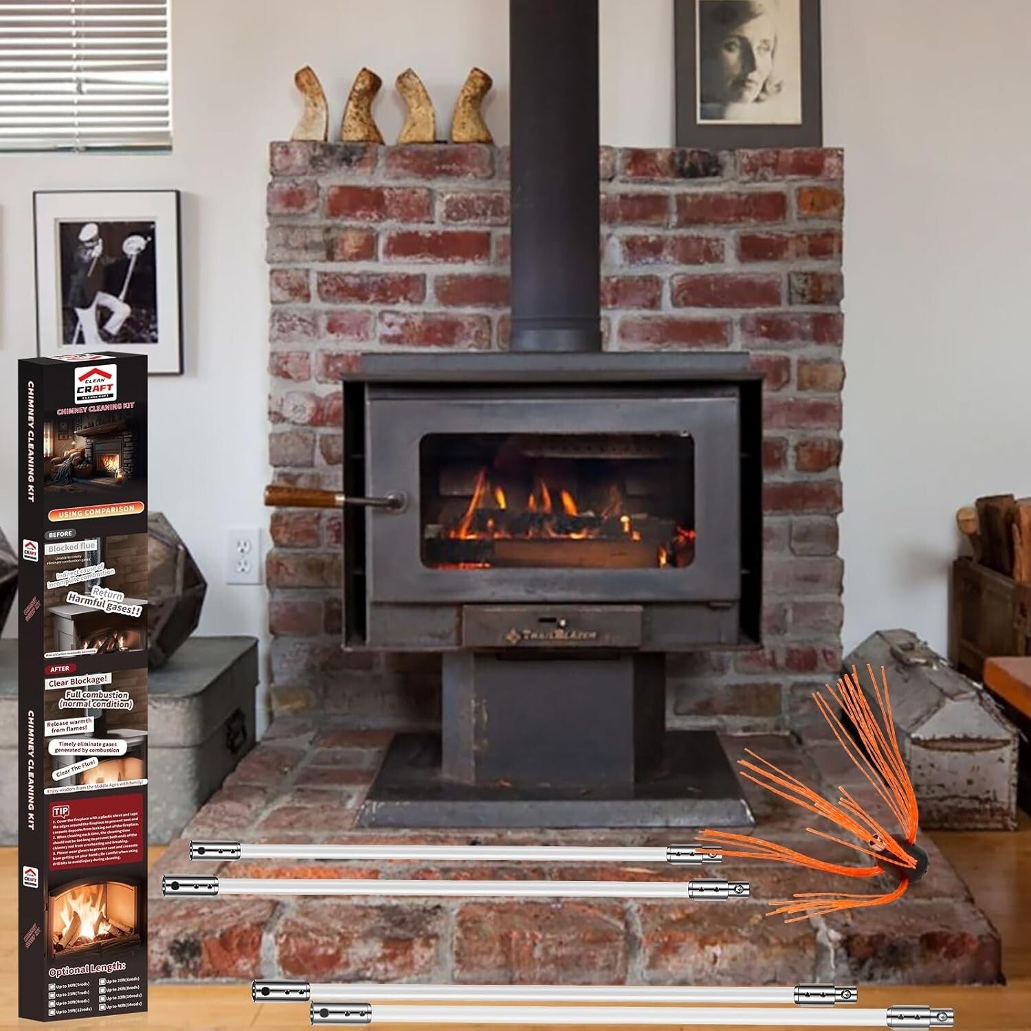 Efficient Chimney Cleaning Kit: 33 Feet of Flexible Nylon Rods & Tools