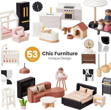 Load image into Gallery viewer, Kids' Wooden Dollhouse with Realistic Design and 53Pcs Furniture - Perfect Gift!