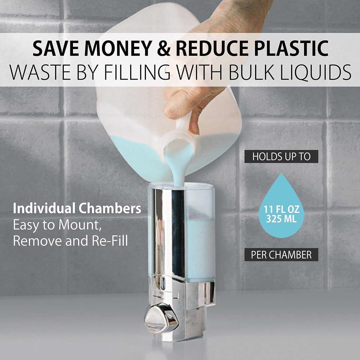 Chrome 3-Chamber Pump Dispenser for Soap, Shampoo & Conditioners - Quick Install