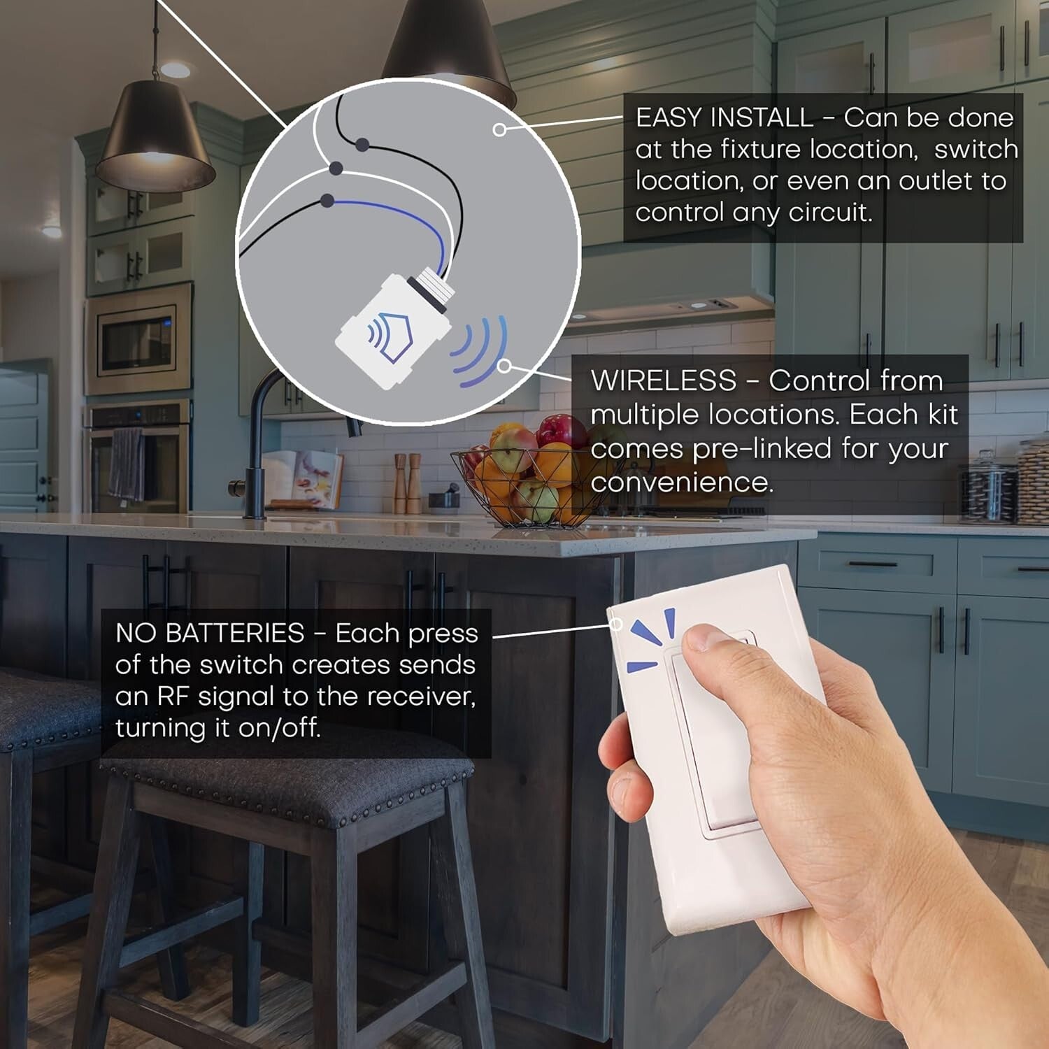 Self-Powered Kinetic Remote Light Switch with Easy Surface Mount Installation