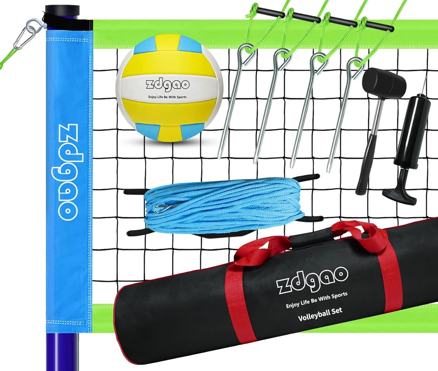 Durable Outdoor Volleyball Net with Adjustable Poles & Carry Bag - Blue Green