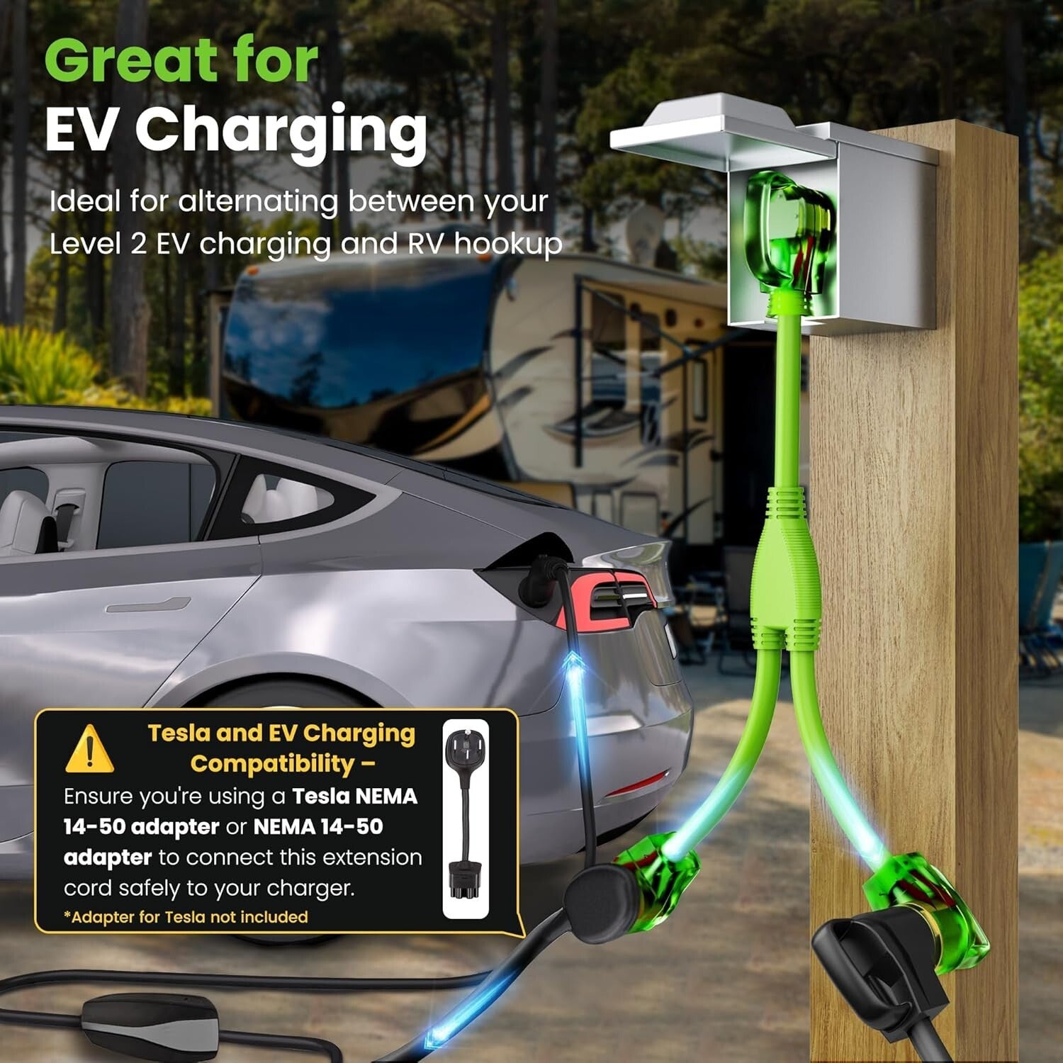 Bright Green 50A Y Splitter Adapter for RV & EV - NEMA 14-50P to 2 NEMA 14-50R