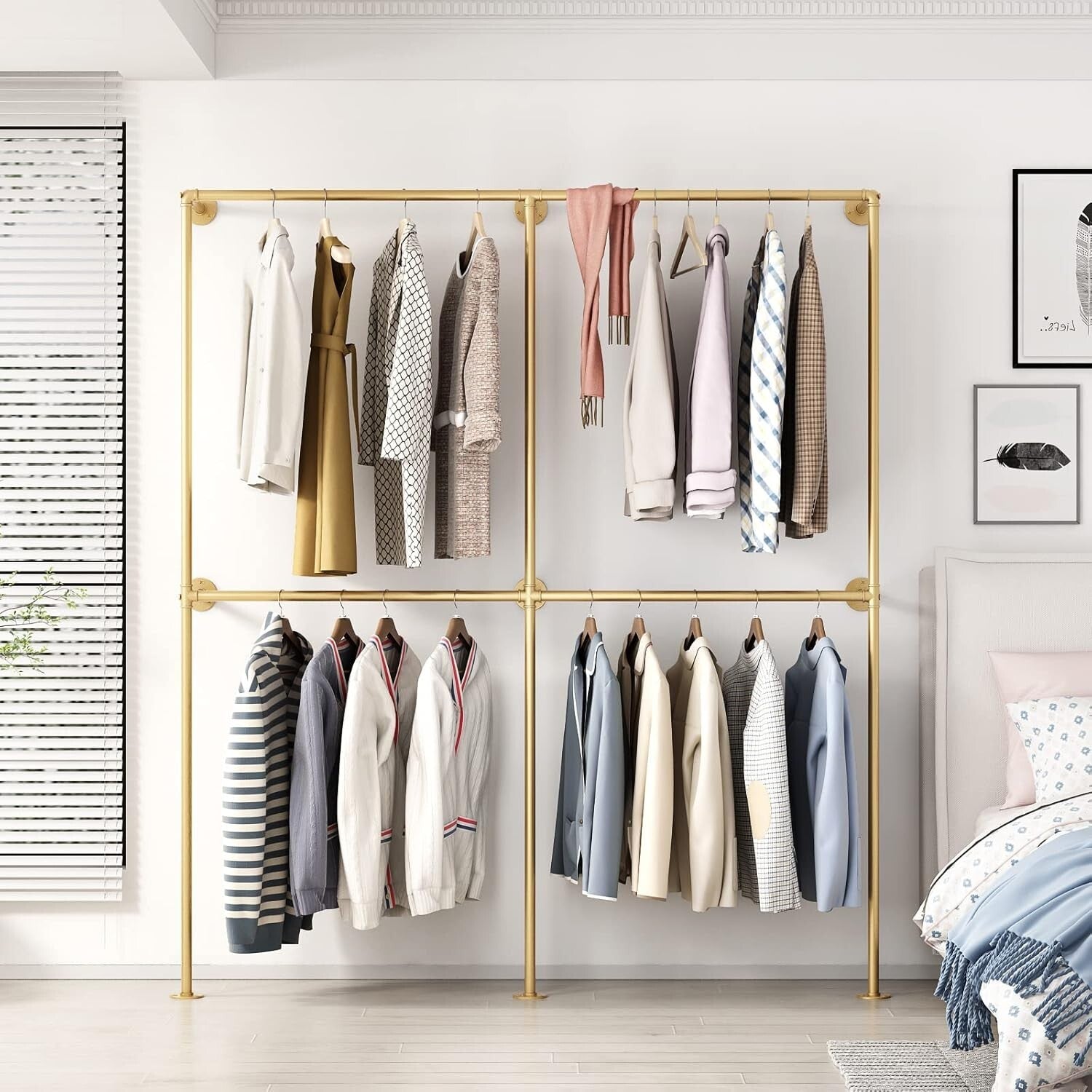 Industrial Gold Wall-Mounted Clothing Rack with Double Rods for Elegant Storage