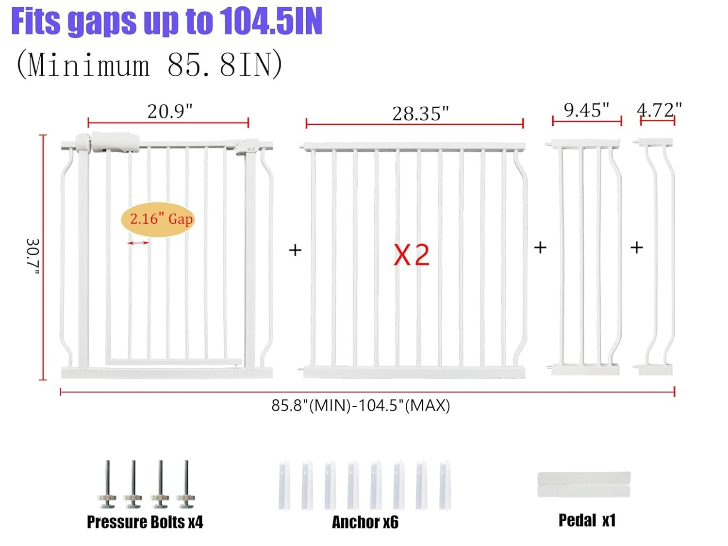 Extra Wide 85.8-104.5 Inch Baby Gate - Pressure Mounted, Auto-Close Safety Gate