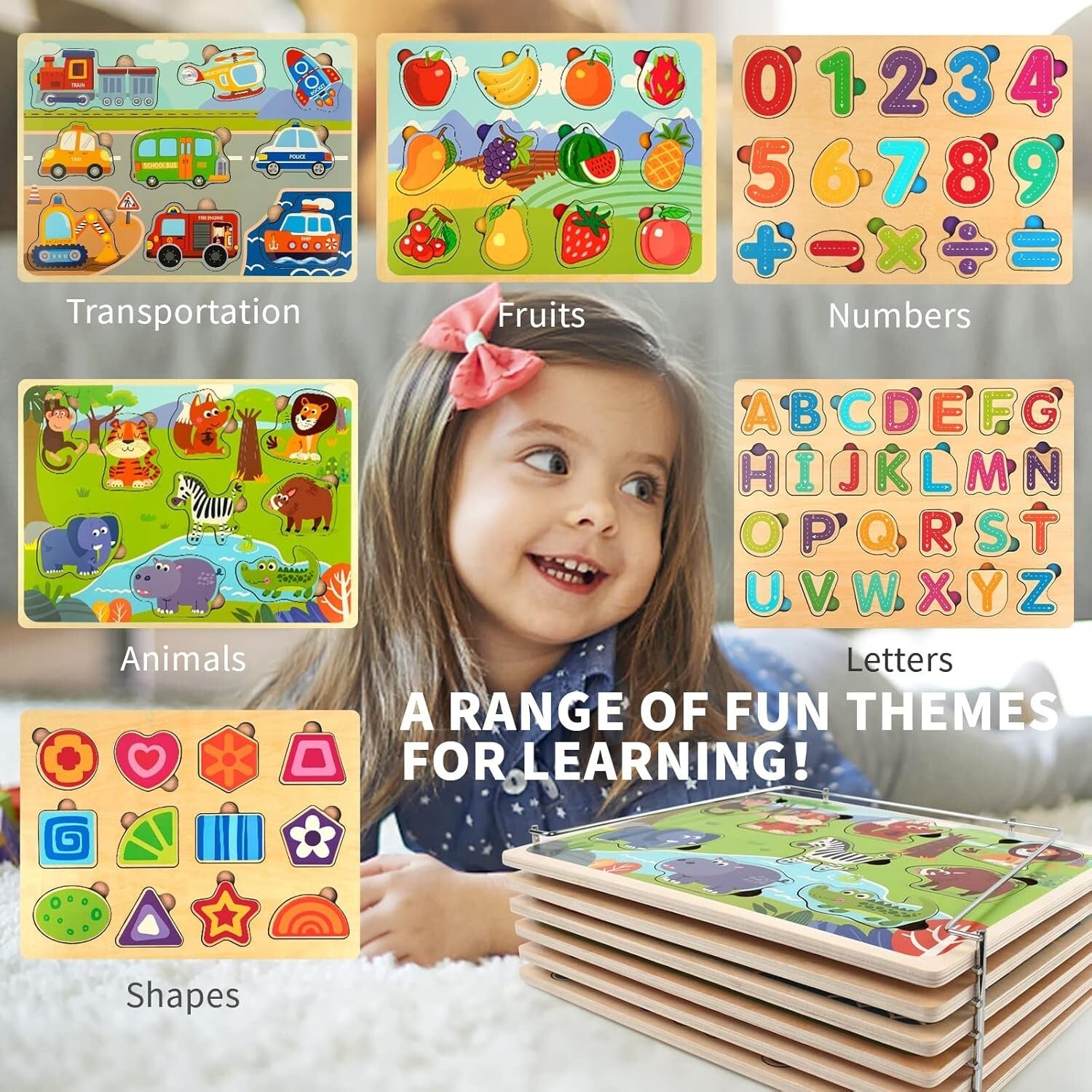 Wooden Educational Puzzle Set for Toddlers with Storage Rack - 6 Engaging Themes