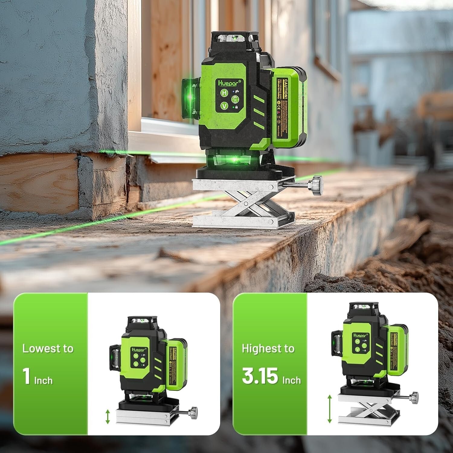 Durable Green Beam 4X360° Laser Level with Lithium-ion Batteries + Accessories