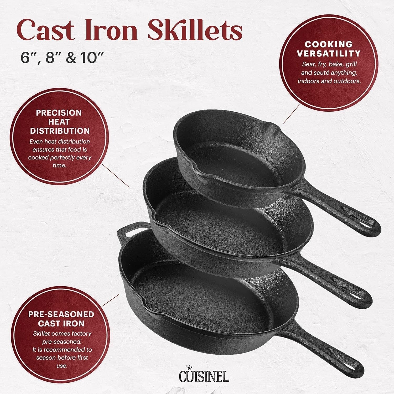 Induction Compatible 3-Piece Skillet Set - Cast Iron with Silicone Handles