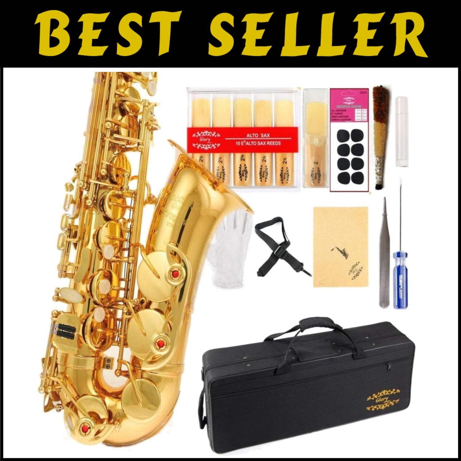 Gold Lacquer E Flat Alto Saxophone with 11 Reeds & Case – Perfect for All Levels