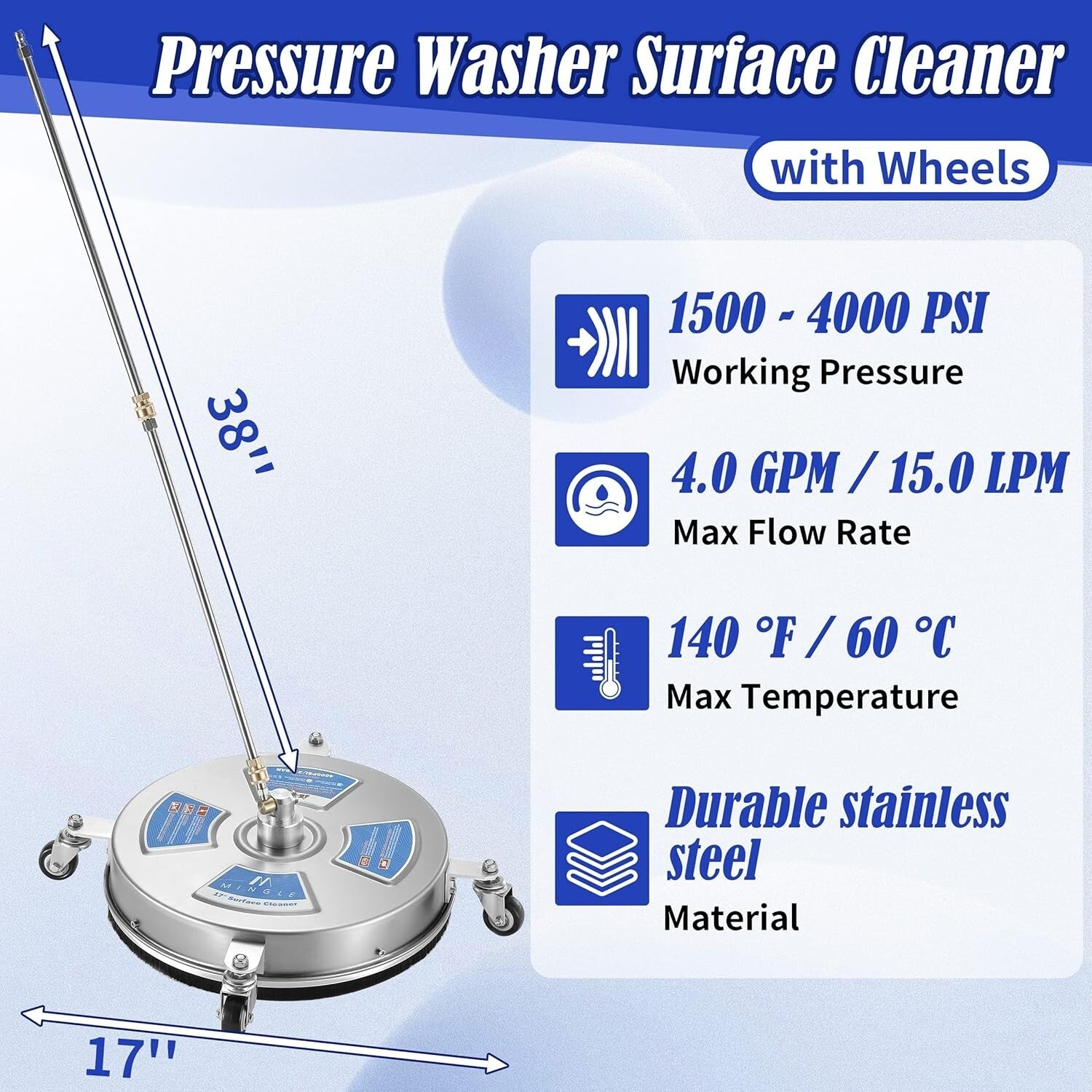 17'' Surface Pressure Washer Cleaner with 4 Wheels & High Flow Rate for Decks