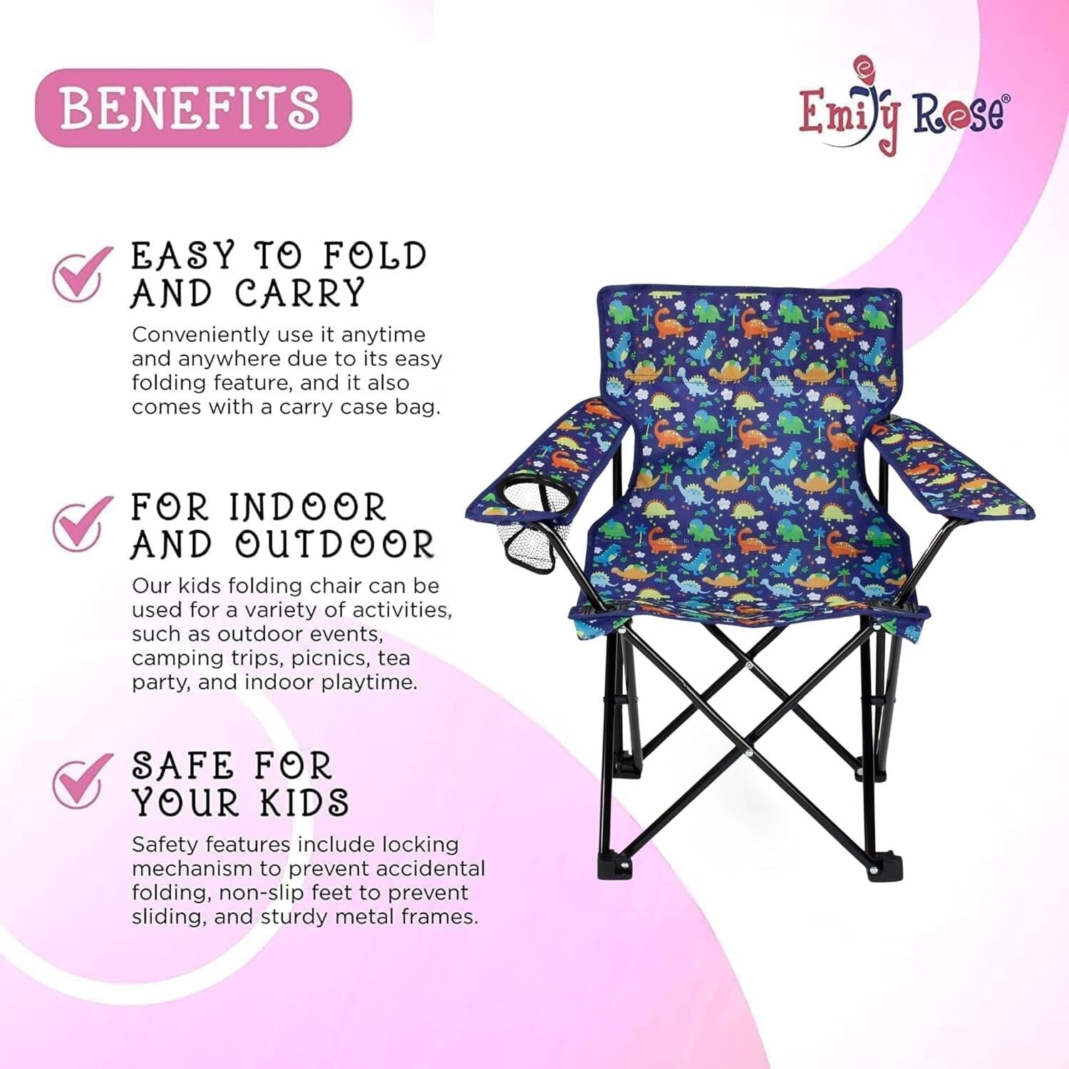 Portable Kids Folding Chair with Safety Lock & Cup Holder - Playful Dinosaurs