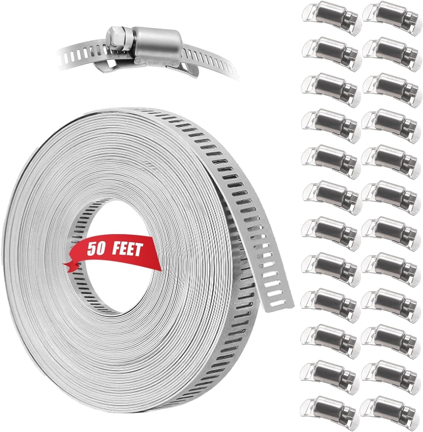 Premium 50FT Metal Strap & 24 Fasteners - Heavy-Duty Stainless Steel Hose Clamps