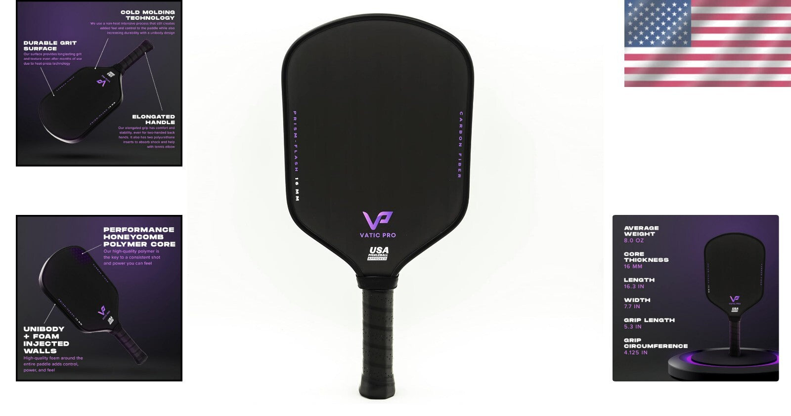 USAPA Approved 16.3'' Carbon Fiber Paddle with Shock Absorption - Ideal for All