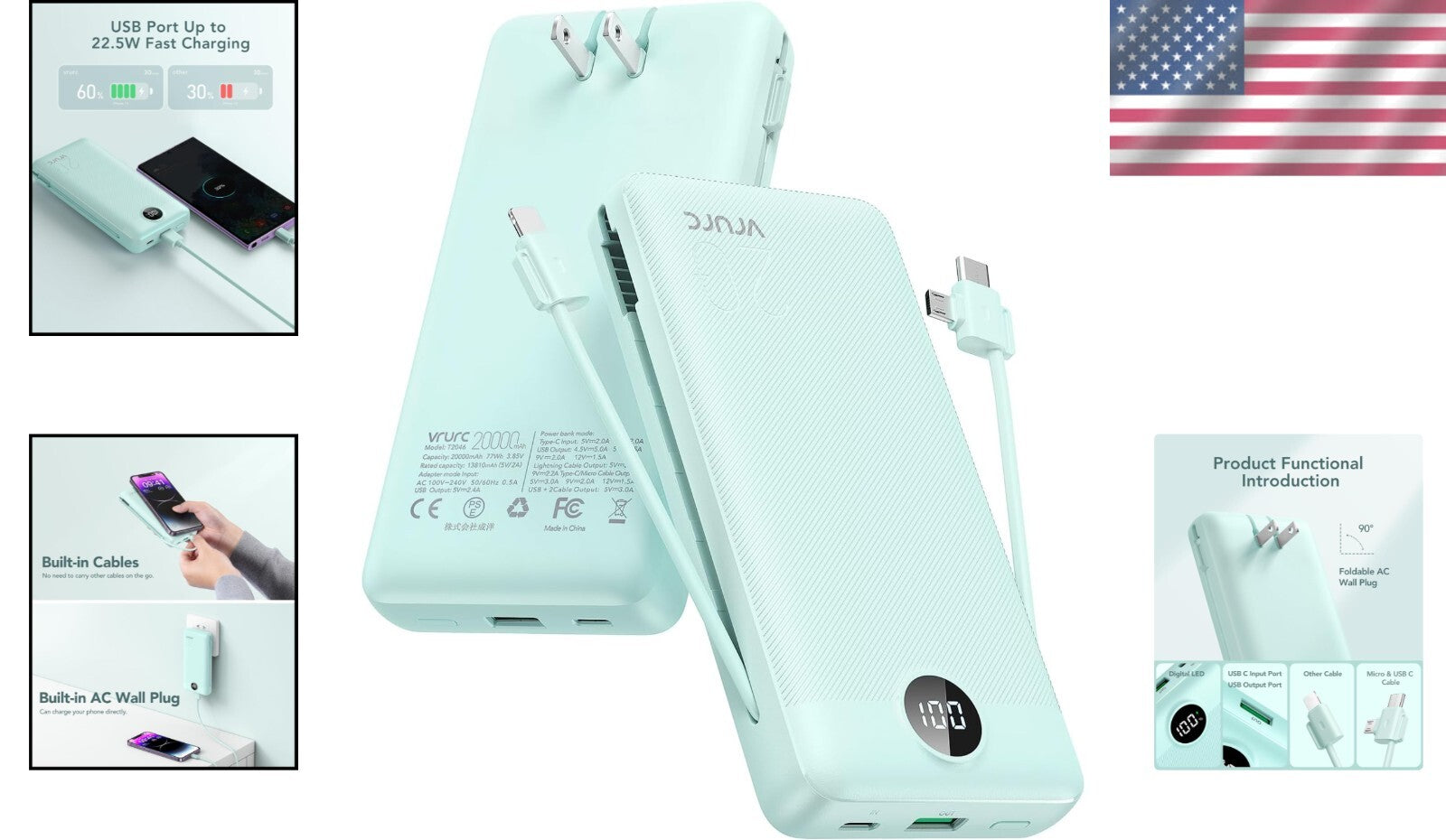 Green Travel Power Bank 20000mAh with Fast Charge & Smart Display for Devices