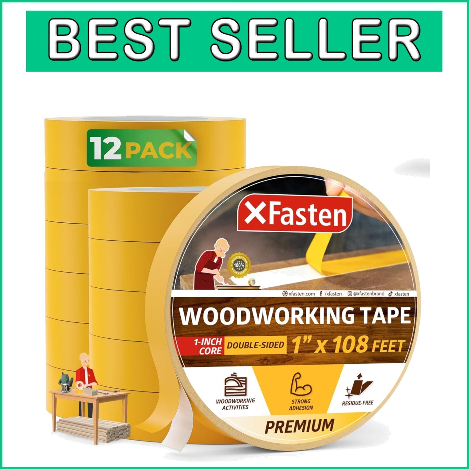 12-Pack 1-Inch Double Sided Woodworking Tape - Perfect for Templates and Edging