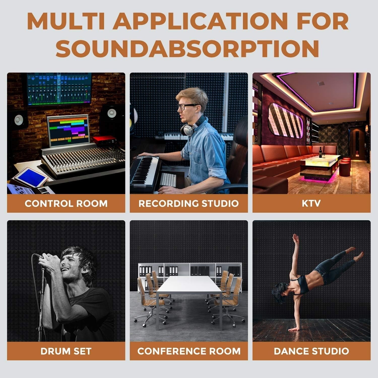 High Density 12x12x2 Acoustic Foam Pyramid Panels - 24 Pack with Easy Install