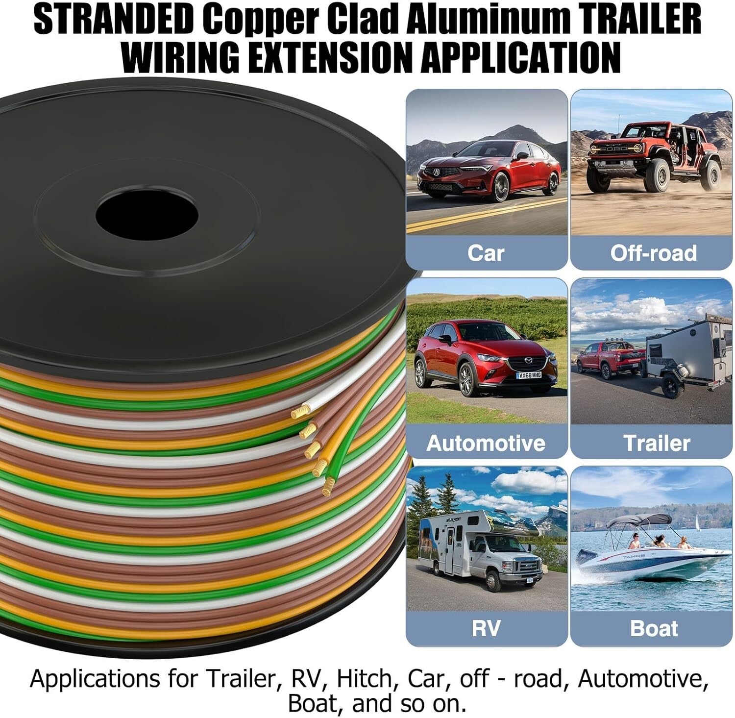 100Ft 14AWG Color-Coded 5-Way Trailer Wiring Harness for Safe Connections