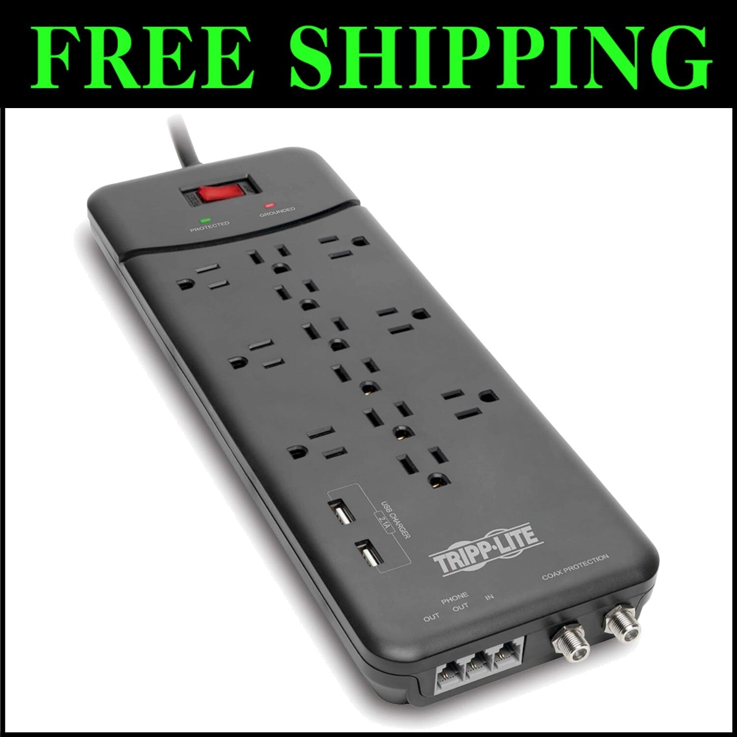 8ft Surge Protection Power Strip with Tel/Modem Protection & Lifetime Warranty