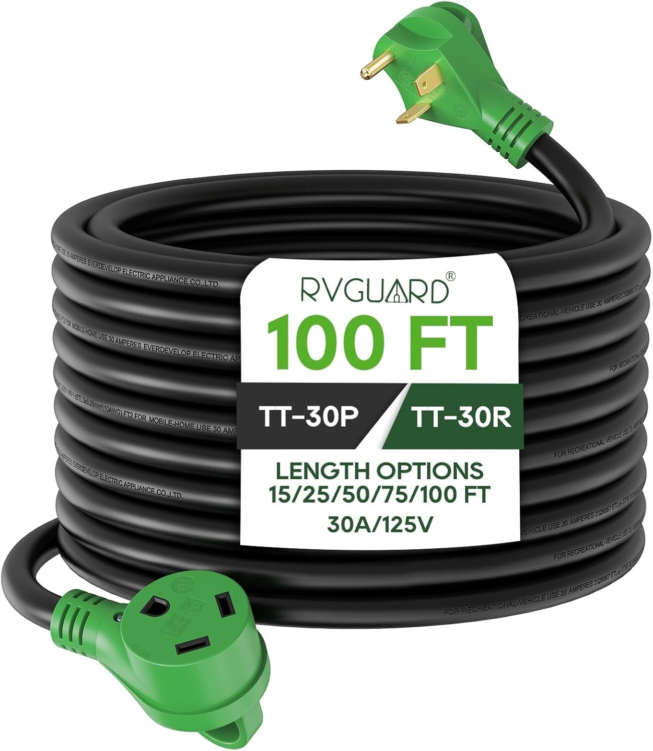 30 Amp 100 Ft RV Extension Cord with LED Indicator and Storage Bag - Heavy Duty