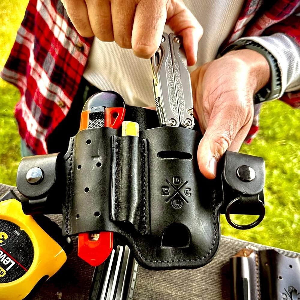 Chestnut Leather EDC Organizer - Two-Pocket Multitool Sheath for Easy Carry