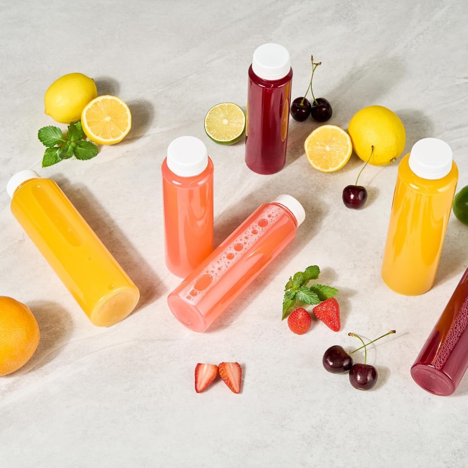 100 Recyclable 12 Oz Plastic Juice Bottles with Tamper-Evident Safety Caps