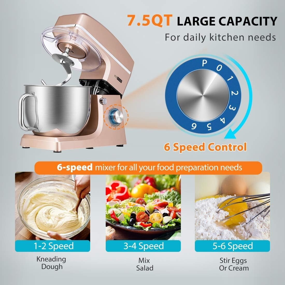 High Performance 7.5QT Electric Food Mixer - 660 Watts in Elegant Champagne