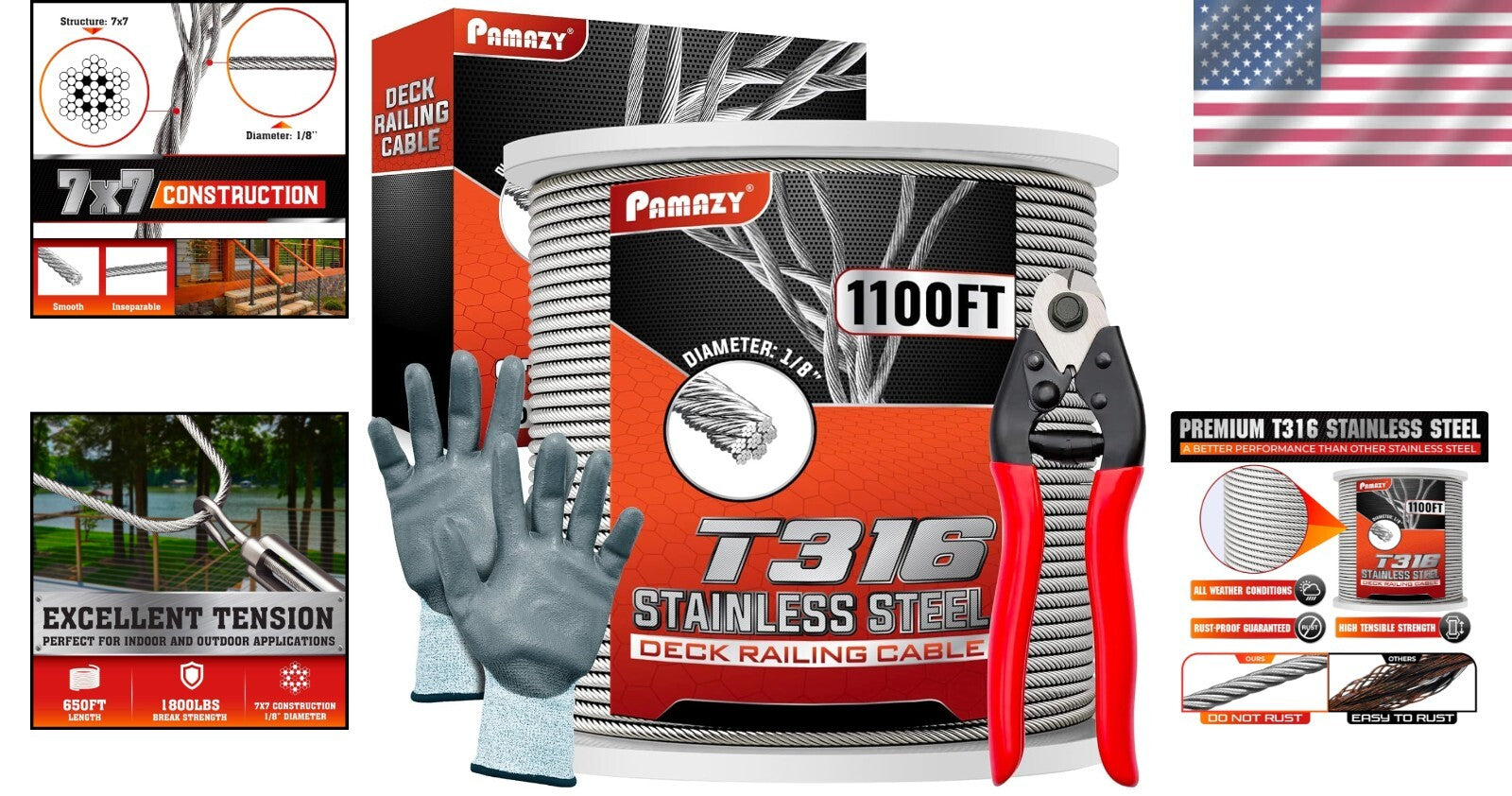 Heavy-Duty 1100FT Deck Cable Railing System with Cable Cutter for Easy Install