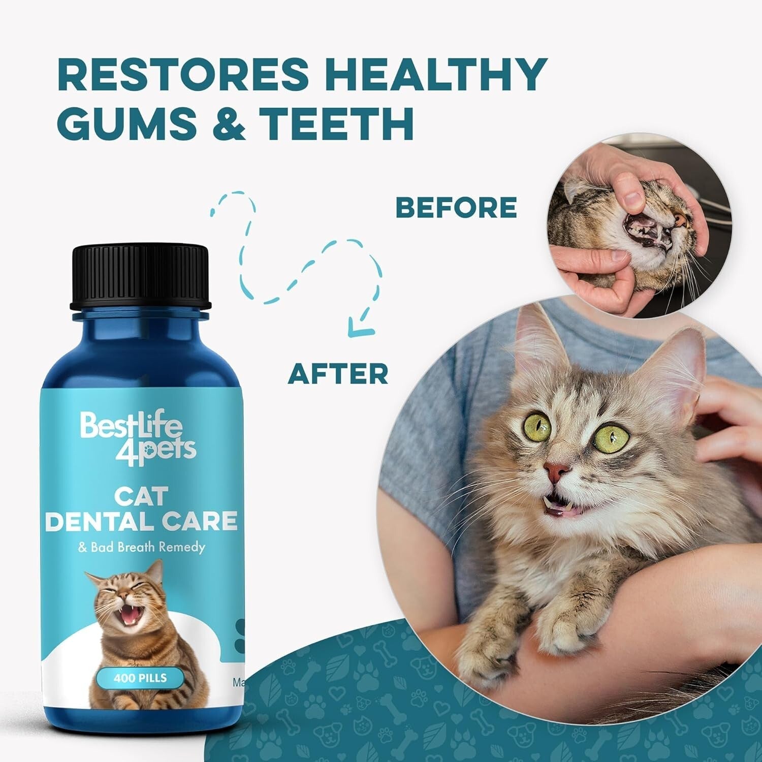 Natural Cat Dental Care & Fresh Breath Remedy - 400 Tiny Pills for Oral Health